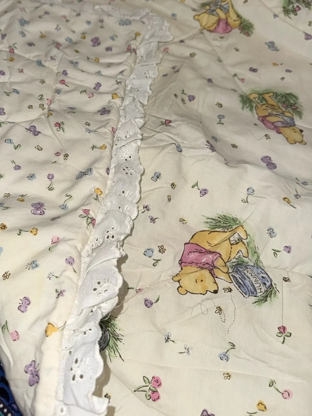 Disney Winnie the Pooh Cream Throw with Pastel Accents and Lace Trim